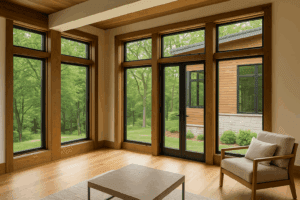 Kolbe windows installed in modern custom home with wood and glass accents